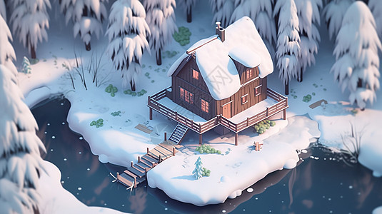 冬天湖边一座被雪覆盖的可爱卡通小房子图片
