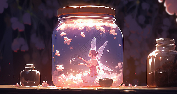 夜晚在透明发光星星瓶中的蝴蝶精灵卡通女孩图片