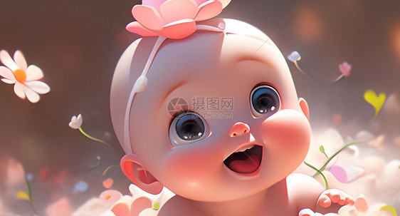 头顶粉色花朵开心笑的可爱卡通婴儿图片