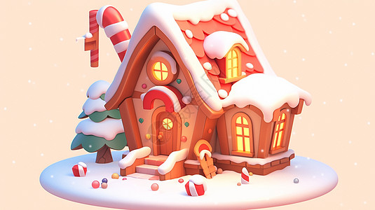 圣诞节雪后唯美的卡通小房子与圣诞树图片