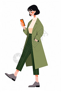 穿着绿色外套一边走路一边看手机的时尚卡通女人图片