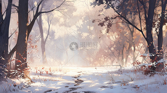冬天大雪中唯美的森林卡通景色图片