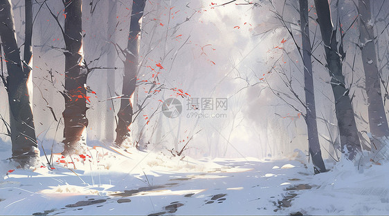 冬天雪后唯美的卡通森林风景图片