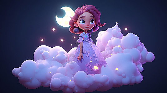 夜晚站在云朵上立体可爱的卡通小女孩图片