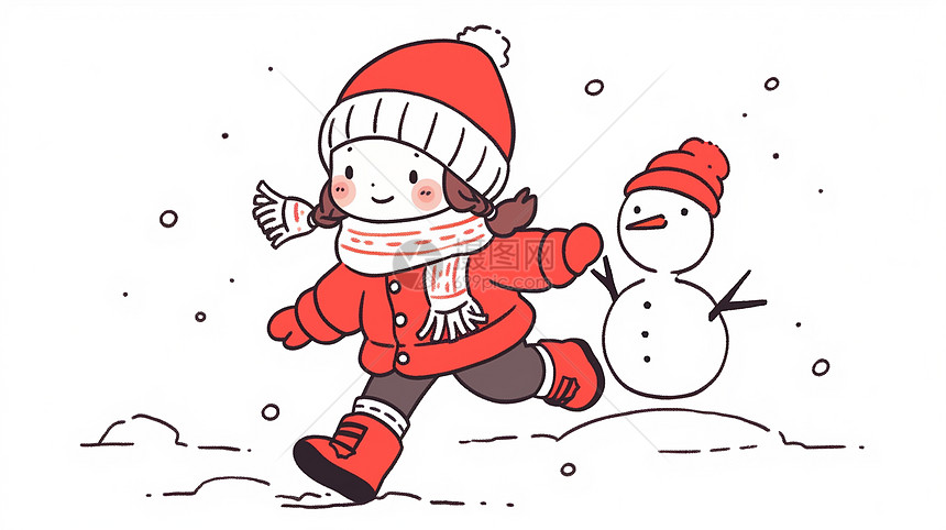 穿红色厚外套开心奔跑的可爱的卡通小女孩与小雪人图片