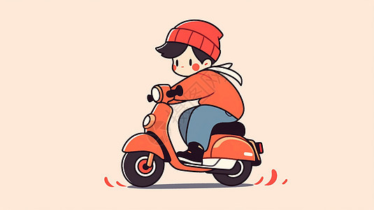 戴着红色帽子骑摩托车的可爱卡通男孩图片