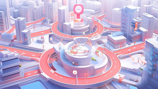 卡通粉色环形公路穿梭在城市楼群间背景图片