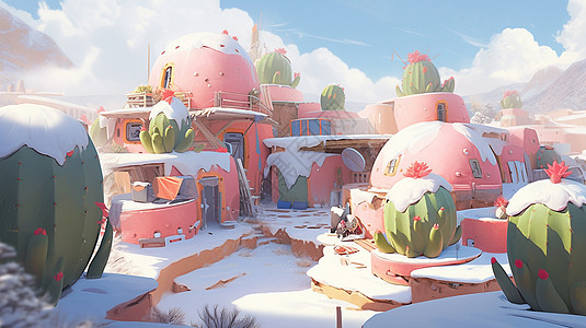 冬天雪后粉色可爱的卡通小房子旁有很多巨大的卡通仙人掌背景图片
