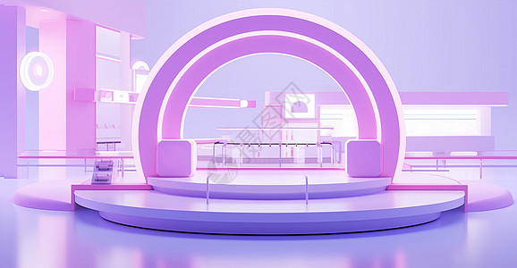 紫色立体i卡通圆弧形展台背景图片