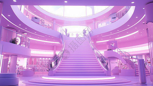华丽的紫色调高贵的卡通大厅里一条楼梯背景图片