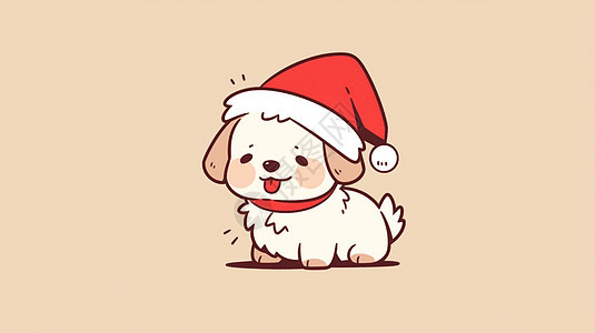 戴着圣诞帽可爱的卡通白色小狗图片