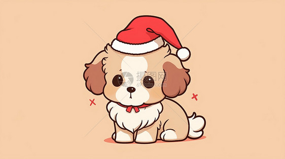 戴着圣诞帽呆萌可爱的卡通小奶狗图片