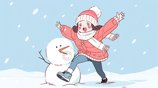 冬天大雪中与小雪人一起开心玩耍的可爱卡通小女孩高清图片