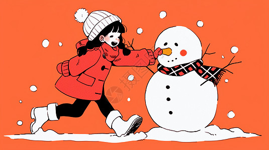 穿红色外套开心堆雪人的可爱卡通小女孩图片
