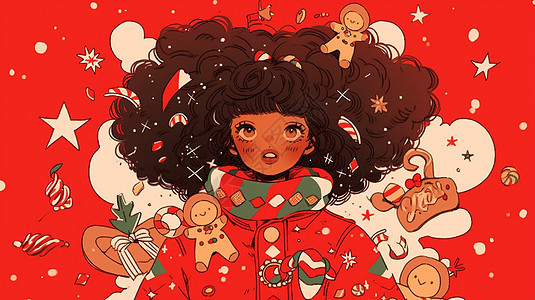 过圣诞节穿红色衣服的可爱卡通小女孩图片
