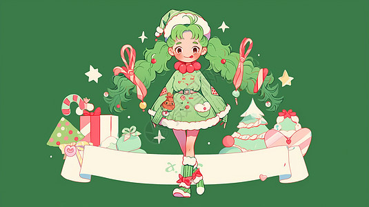 穿着绿色裙子可爱的长发卡通小女孩圣诞主题图片