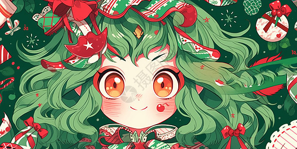 圣诞装扮绿色头发可爱的卡通小女孩背景图片