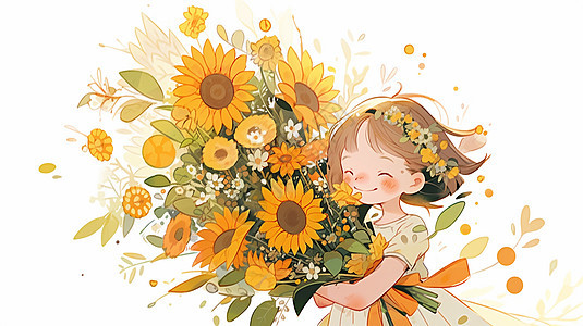 抱着一大束向日葵头戴花朵的可爱卡通小女孩图片