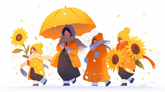 冬天穿着很厚拿着向日葵和雨伞的可爱卡通女孩们图片