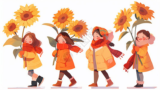一群可爱的卡通小女孩排队走路手拿向日葵图片
