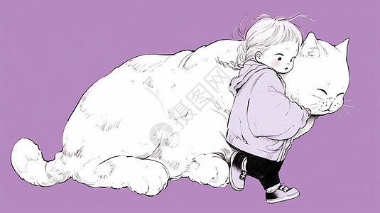 可爱的卡通小女孩抱着白色巨型猫的脖子图片