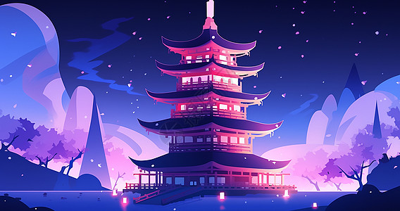 紫色调夜晚梦幻的卡通古风高塔背景图片