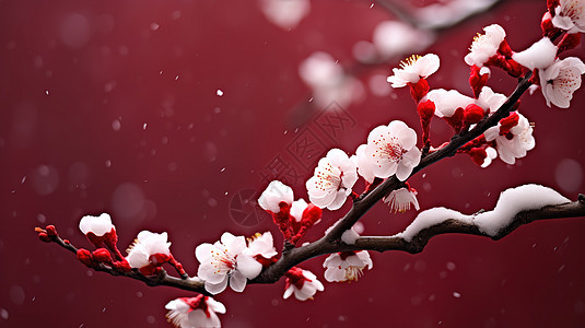 盛开的梅花红墙背景图片