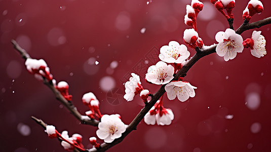 盛开的梅花红墙背景图片