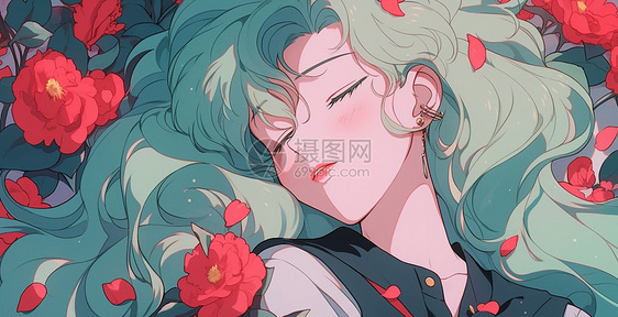 绿色长发漂亮的卡通女孩躺在红色玫瑰花丛中图片