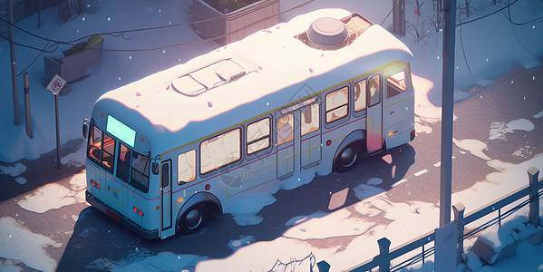 冬天行驶在城市道路上的卡通公交车图片