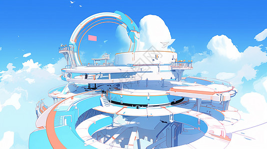 在蓝蓝的天空中科幻卡通建筑物图片