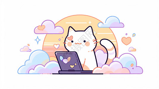 看着电脑开心微笑办公的卡通小白猫图片