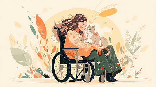 坐在轮椅上的长发卡通女孩腿上有一只卡通猫图片