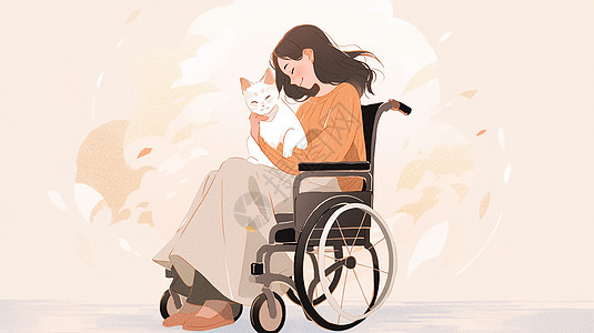 穿橙色毛衣的卡通女孩坐在轮椅上抱着白色宠物猫图片