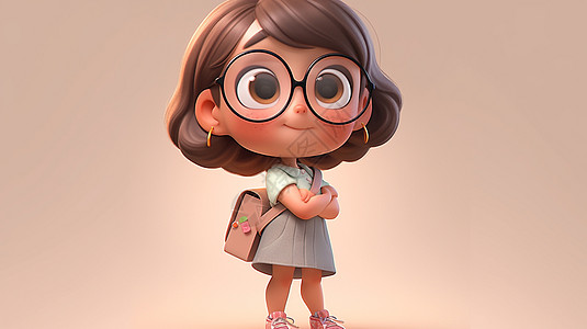 背着包戴着黑框眼镜的立体可爱卡通小女孩图片