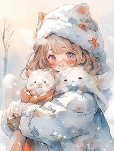 可爱的棕色短发卡通小女孩在大雪中抱着宠物图片