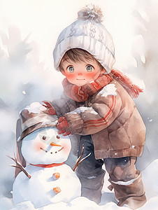 大雪中围着红色围巾堆雪人的可爱卡通小男孩图片