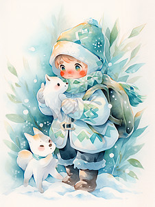 穿着很厚背着书包在大雪中抱着宠物的卡通小男孩图片