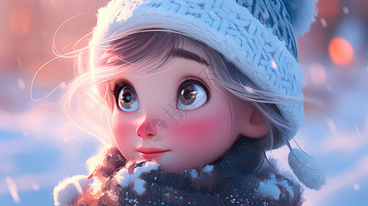 冬天雪中戴着帽子向上看的卡通小女孩图片