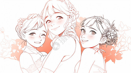 三个漂亮的年轻卡通女孩合影简约插画图片
