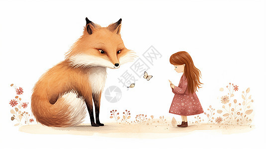 超大的狐狸与小女孩在小花旁背景图片