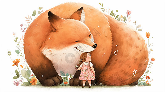 小小的卡通女孩与巨大的狐狸在微笑图片