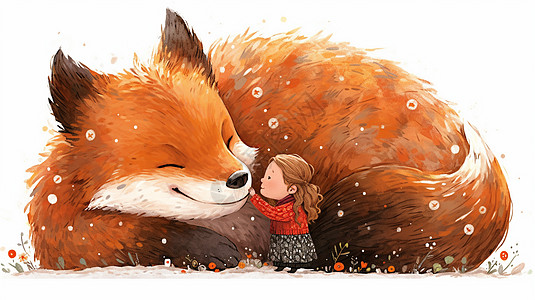 小小的卡通女孩与蜷缩一团的卡通巨大狐狸在交流图片