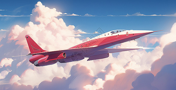 在粉色云朵上飞行的红撞色卡通飞机背景图片