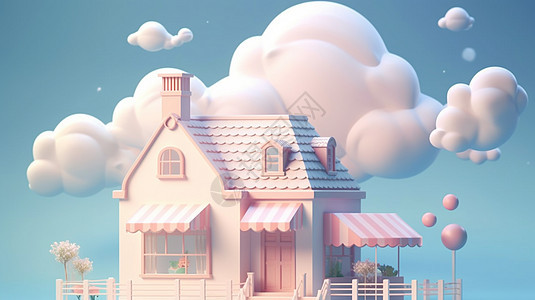 立体可爱的卡通小房子上一大朵粉色立体云朵图片