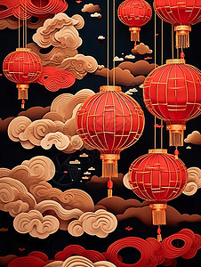 喜庆的大红灯笼与精致的祥云间剪纸风图片