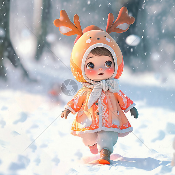 穿着厚厚橙色外套走在大雪中的卡通小女孩图片