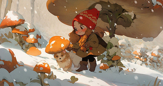 大雪中在蘑菇伞下与宠物狗一起玩耍的可爱卡通小女孩高清图片