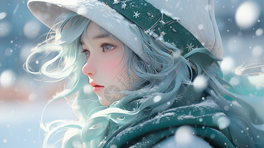身上落着雪花的小清新卡通小女孩在雪地中图片