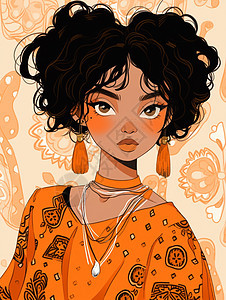 黑色头发穿橙色时尚的卡通女孩图片